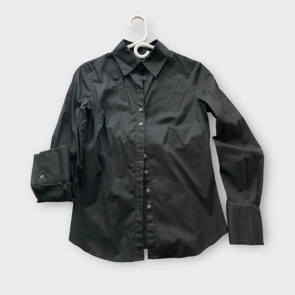 Tahari Button Down Shirt, Blouse, Black, Cotton, Elasthane - Picture 2 of 5